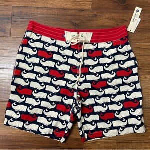 NWT Sperry Top Sider Men's Boardshorts Swim Size 38 Red/White Blue Whales Print